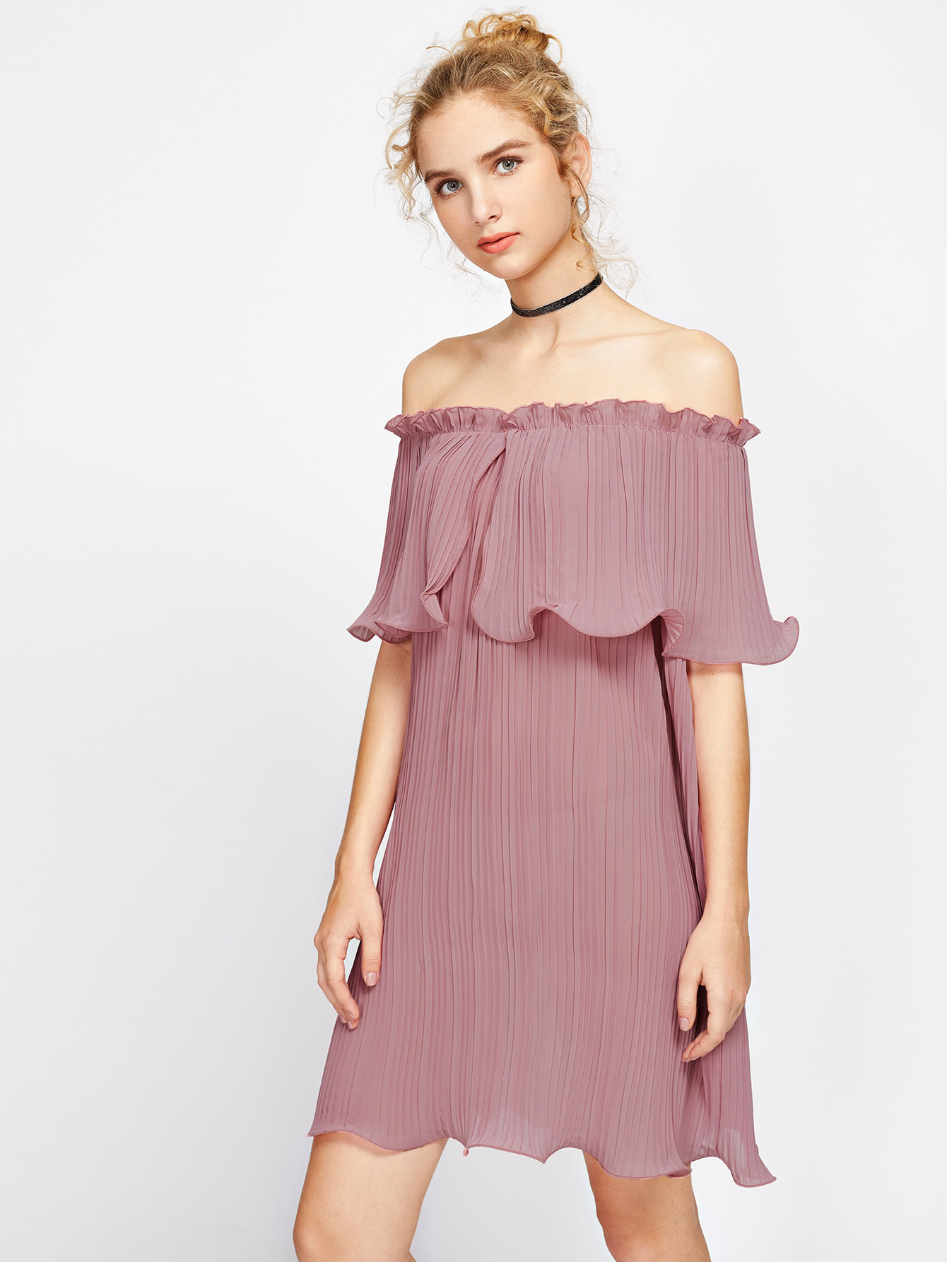 Layered Pleated Lettuce Hem Bardot Dress SheIn(Sheinside)