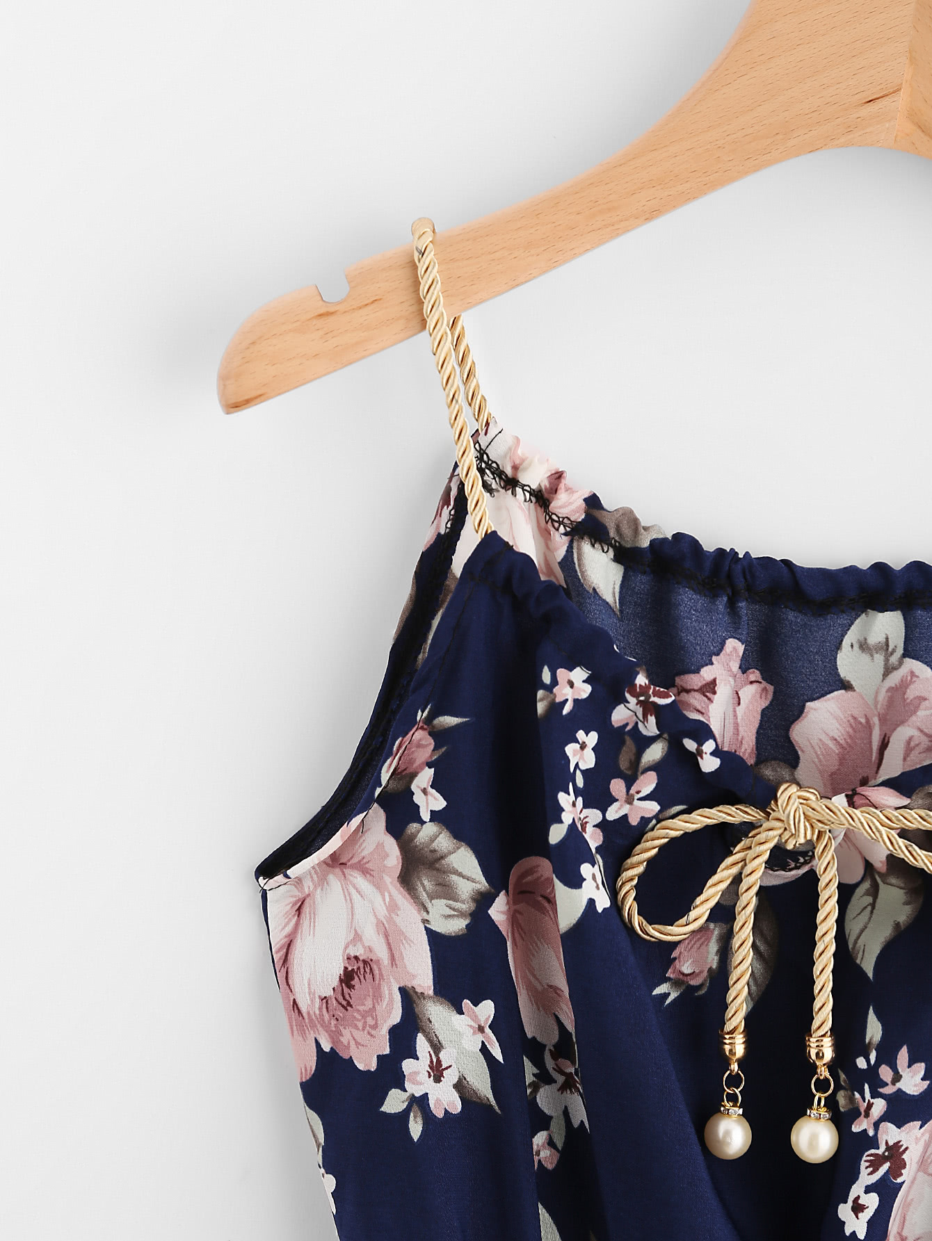 Braided Bead Strap Tie Floral Print Dress SheIn(Sheinside)