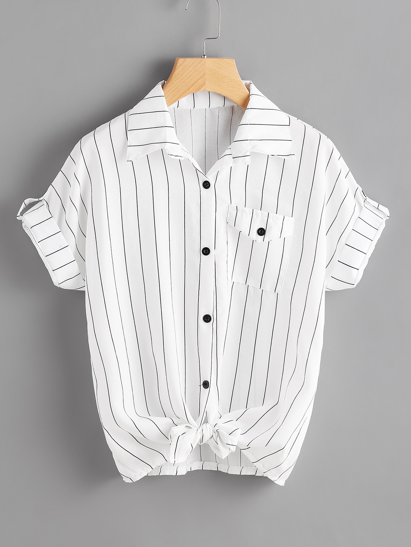 Striped Knot Front Cuffed Shirt With Chest Pocket