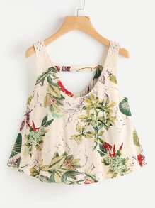 Tropical Print Crochet Panel Tank Top