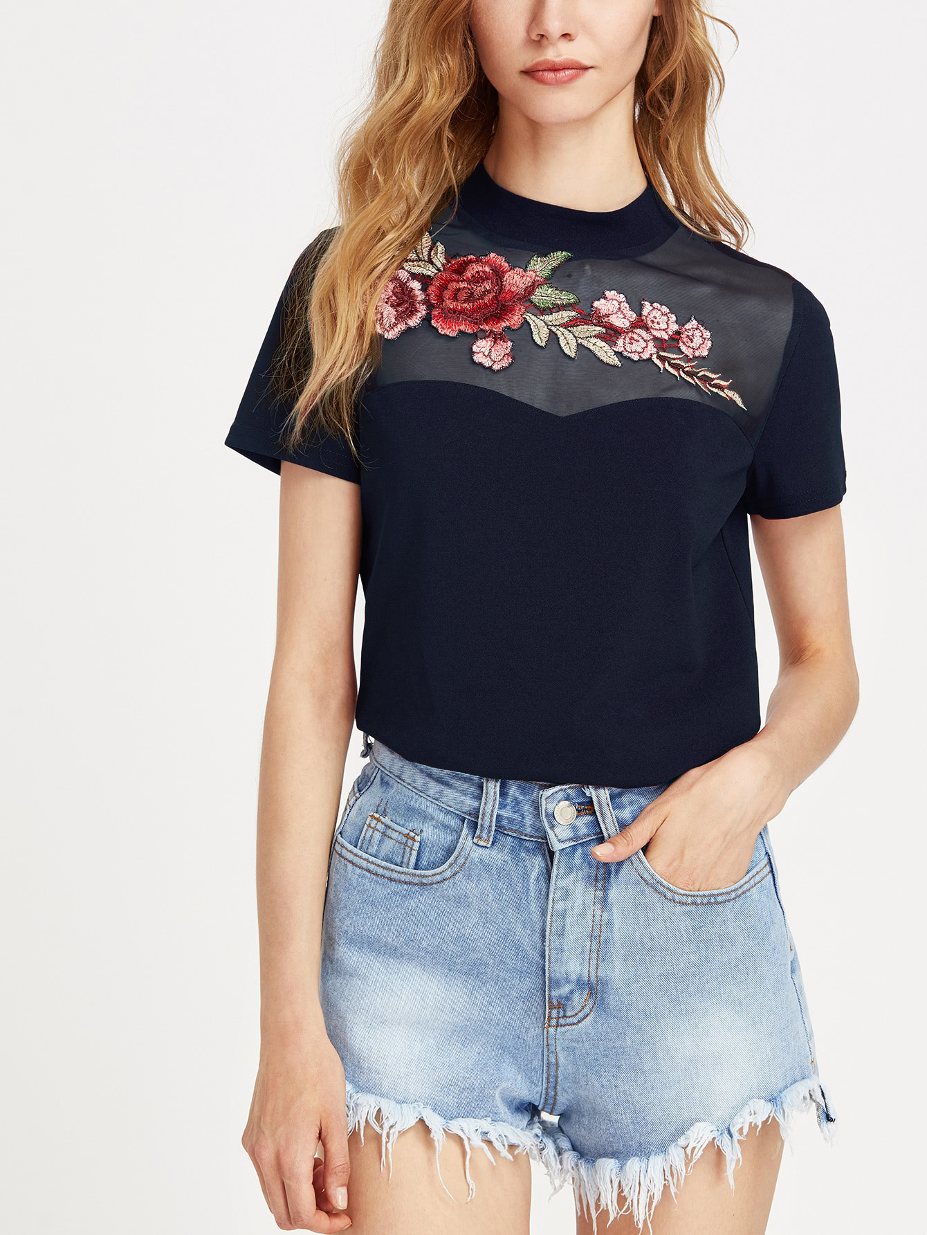 Embroidered Flower Applique Mesh Sweetheart Tee