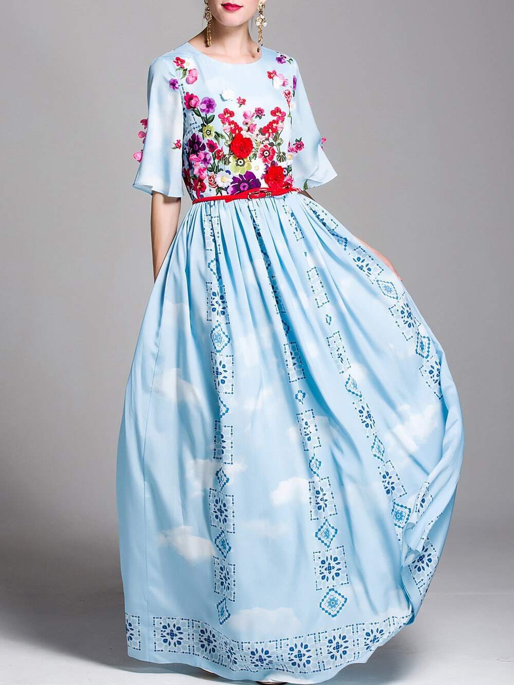 Flowers Applique Beading Print Dress SheIn(Sheinside)