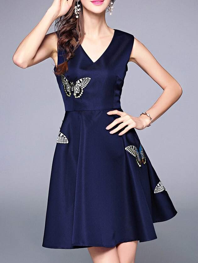 V Neck Butterfly Embroidered ALine Dress SheIn(Sheinside)