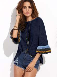Layered Fringe Detail Fluted Sleeve Slub Tee