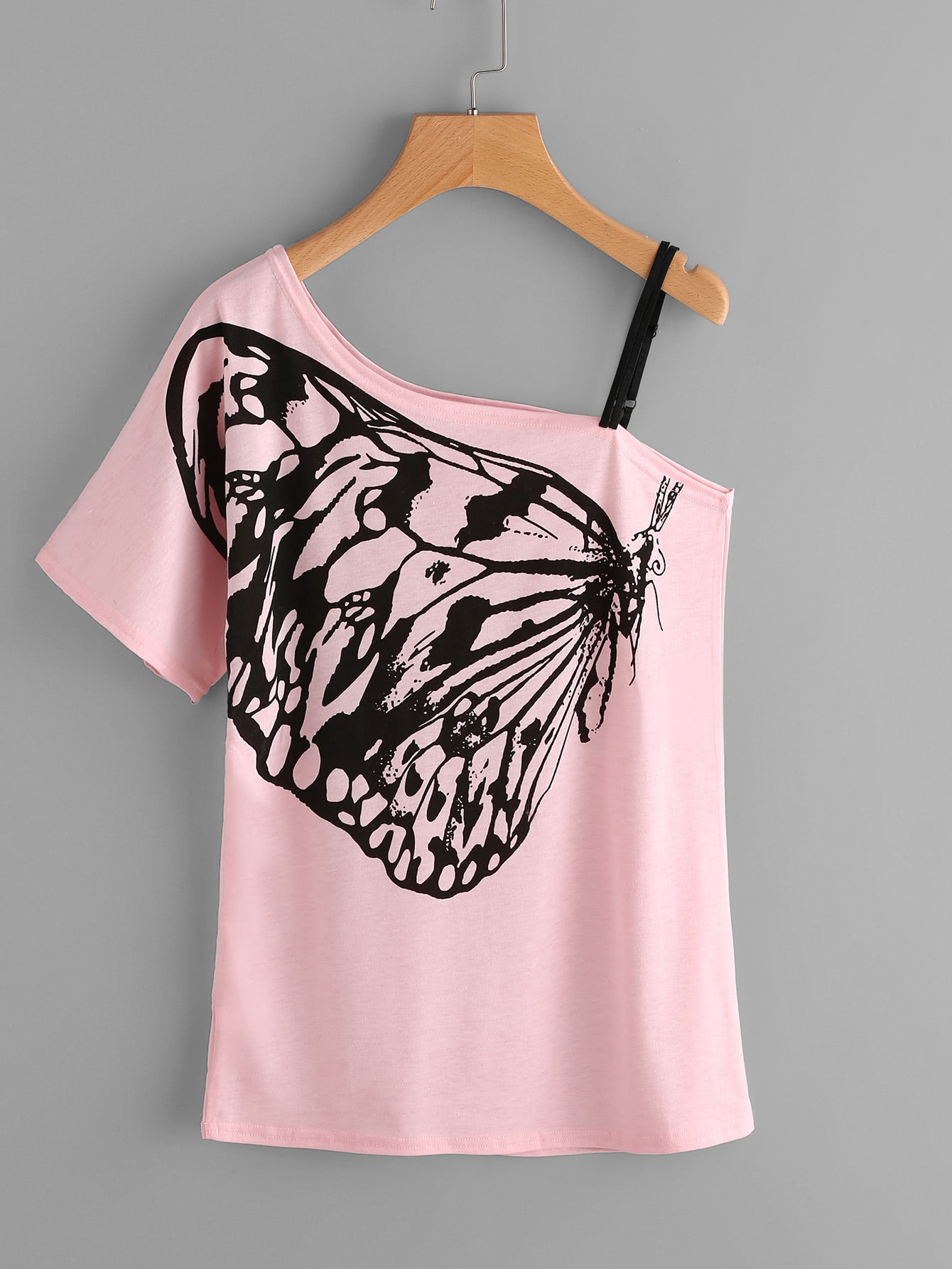 Butterfly Print Oblique Shoulder Tee With Strap Detail