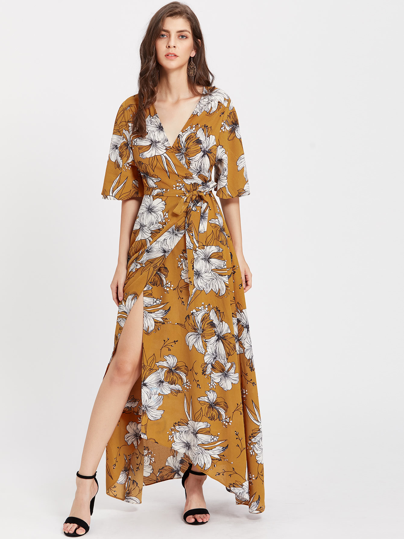Kimono Sleeve Surplice Wrap Botanical Dress SheIn(Sheinside)