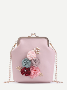 Applique Kiss Lock Chain Bag With Faux Pearl