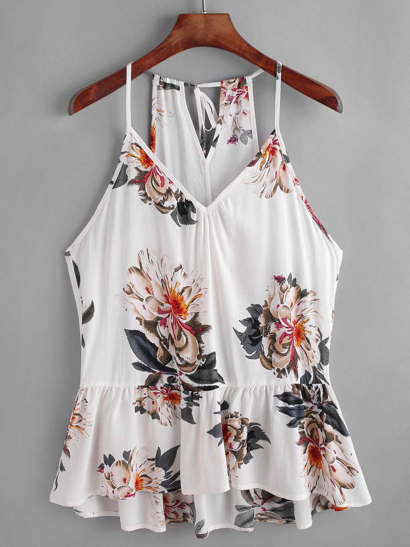 Flower Print Keyhole Self Tie Back Peplum Cami Top