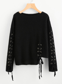 Eyelet Lace Up Staggered Jumper