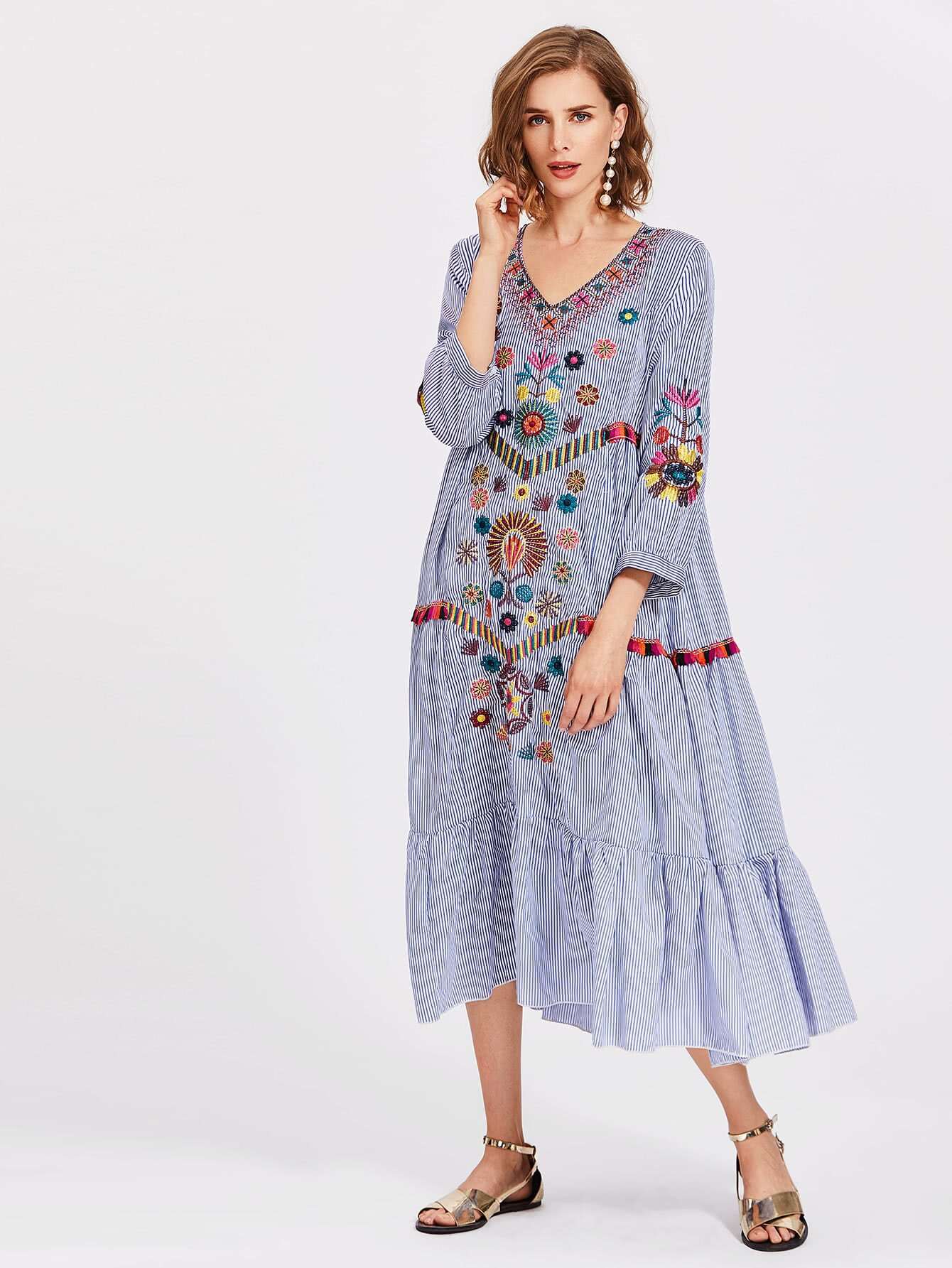 Vertical Striped Flower Embroidered Frill Hem Dress SheIn(Sheinside)