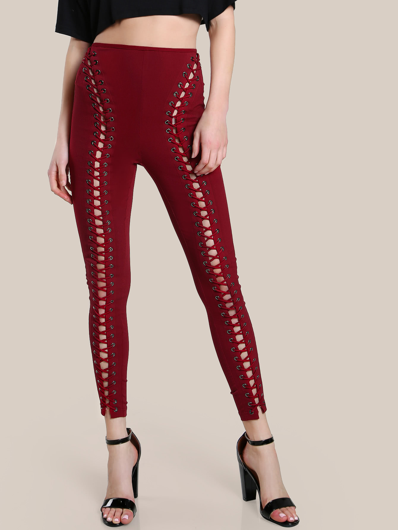 Lace Up Grommet Pants SheIn(Sheinside)