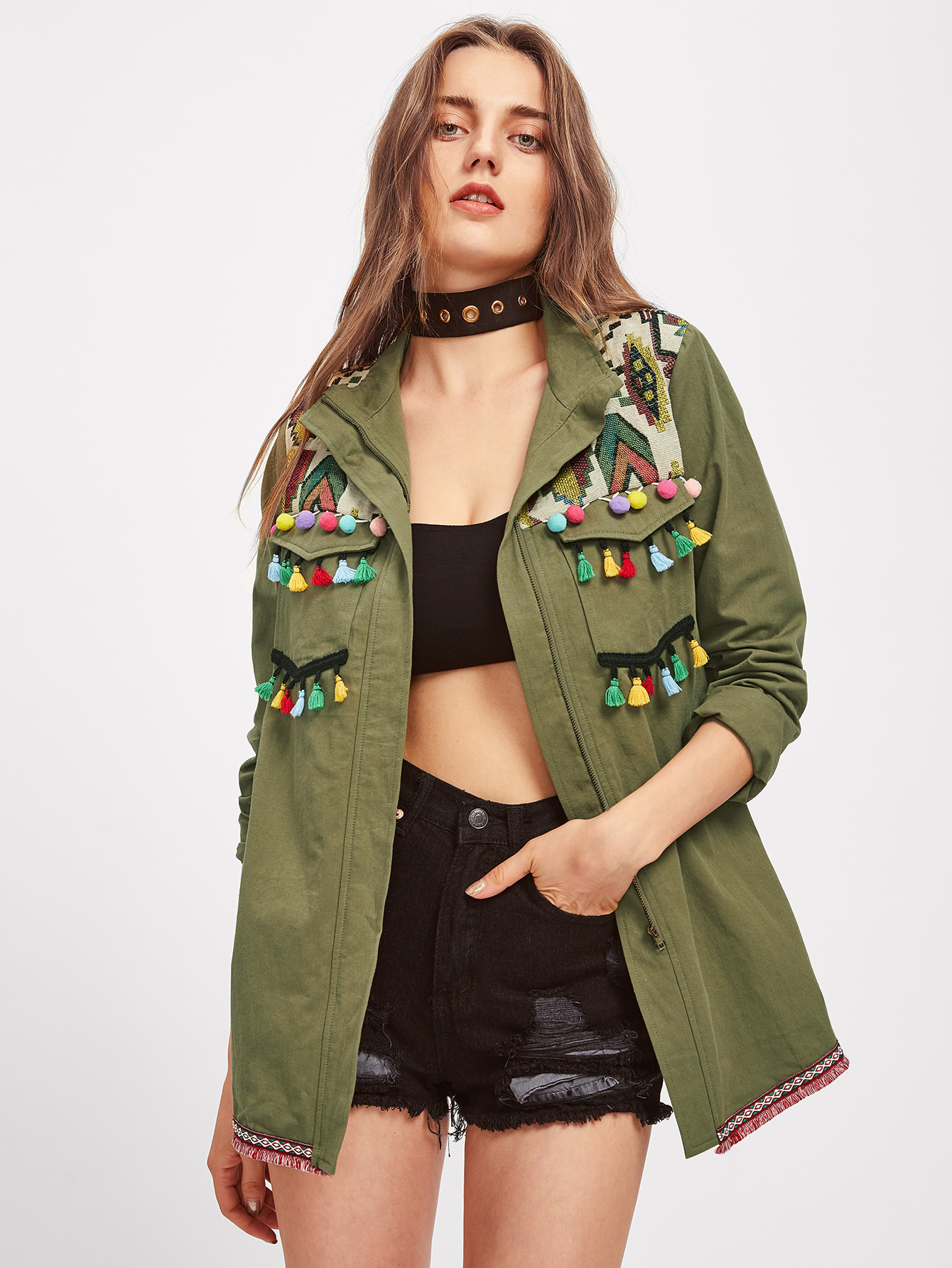Embroidered Yoke Tassel And Pom Pom Trim Utility Jacket pom pom tassel ethnic pendant earrings