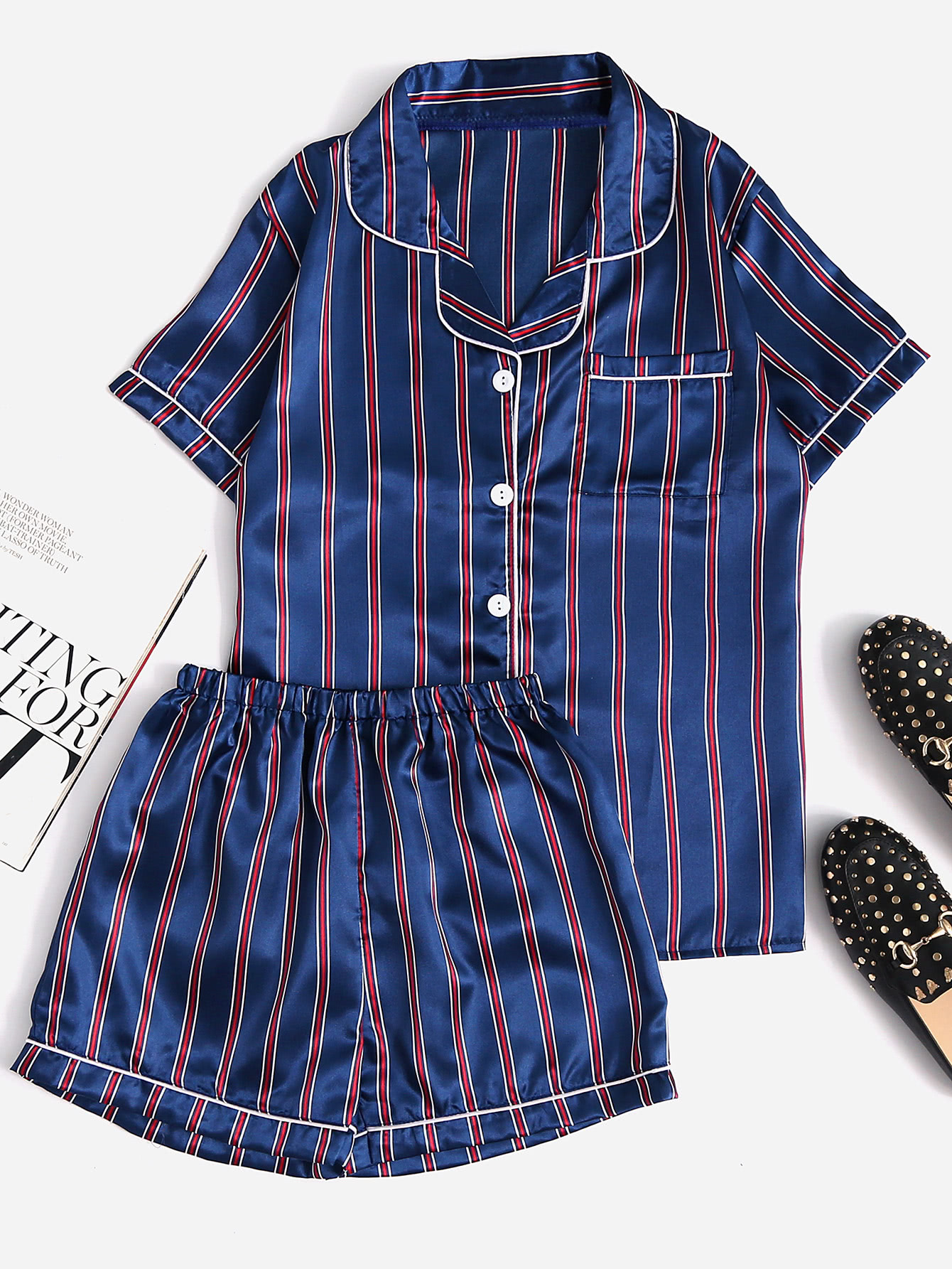 Contrast Piping Striped Shirt & Shorts Pajama Set