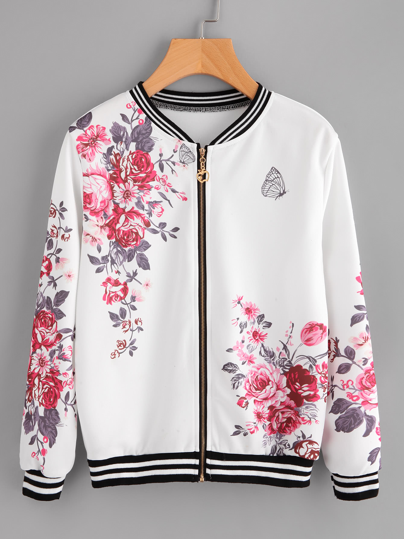 Floral Print Random Stripe Trim Zip Up Jacket SheIn(Sheinside)