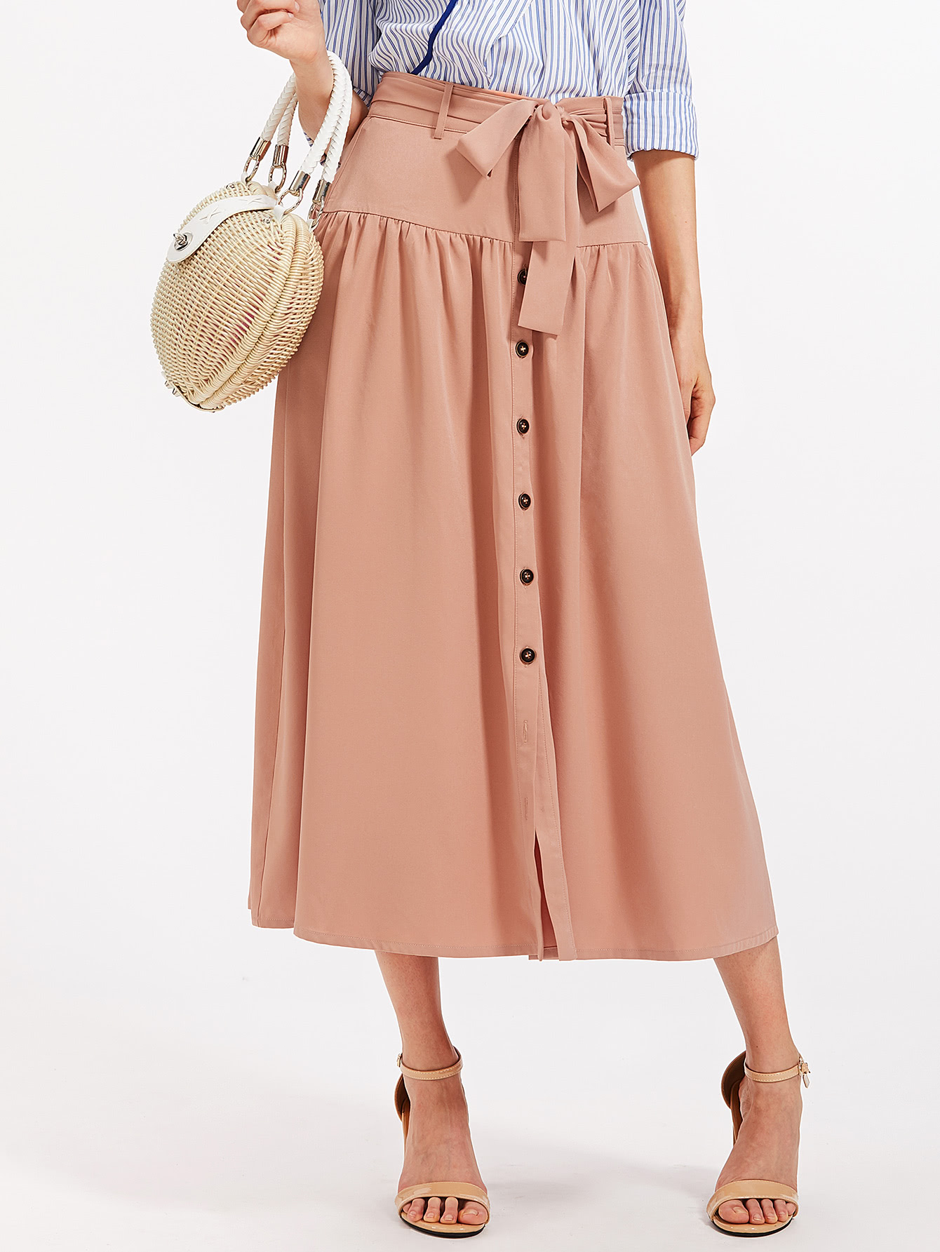 Self Belted Button Up Drop Waist Skirt SheIn(Sheinside)