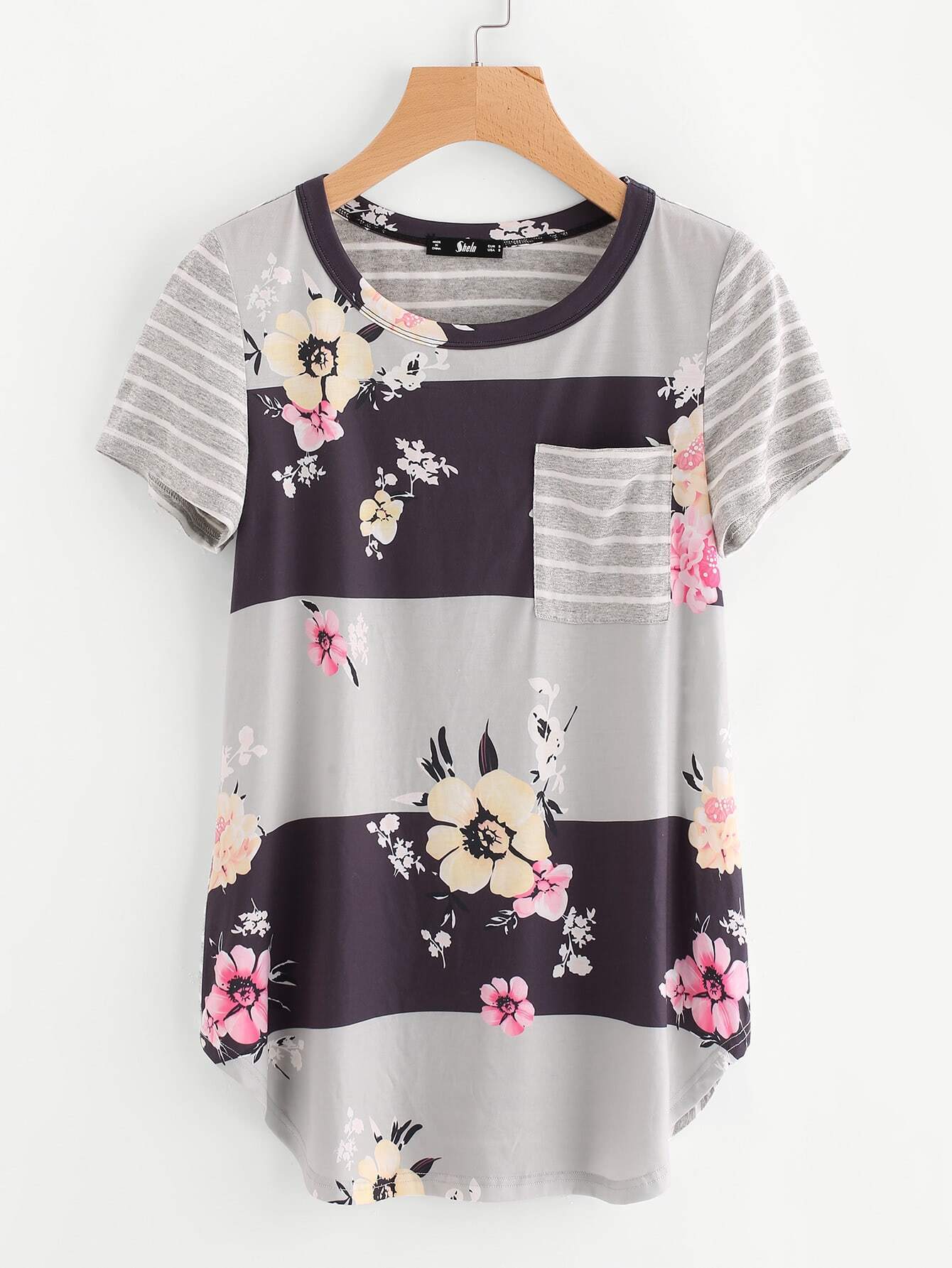 Mixed Print Cut And Sew Curve Hem Top SheIn(Sheinside)