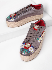 Rhinestone Detail Flower Decorated Lace Up Trainers 3.5/3