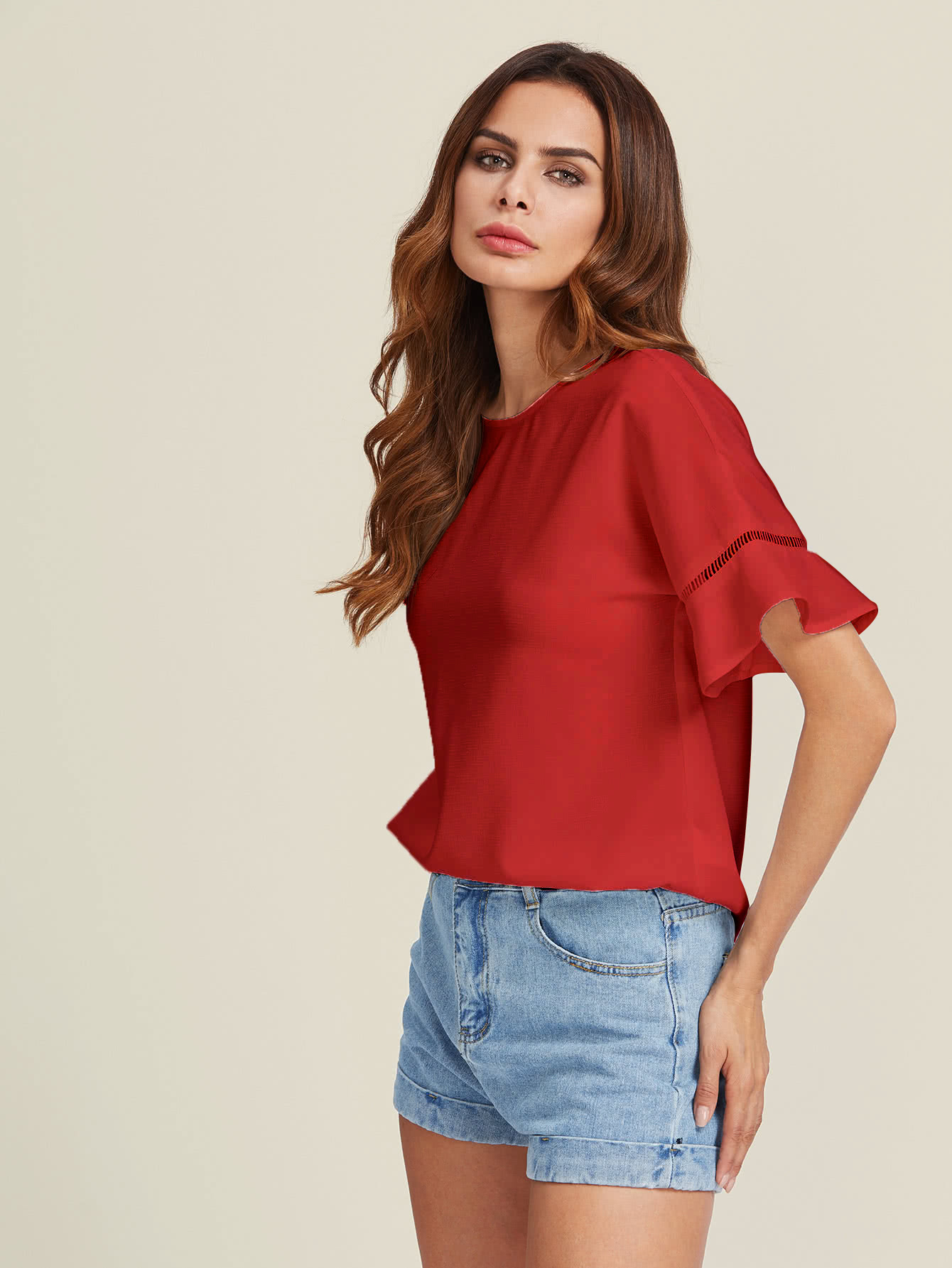 Ladder Lace Insert Trumpet Sleeve Top SheIn(Sheinside)