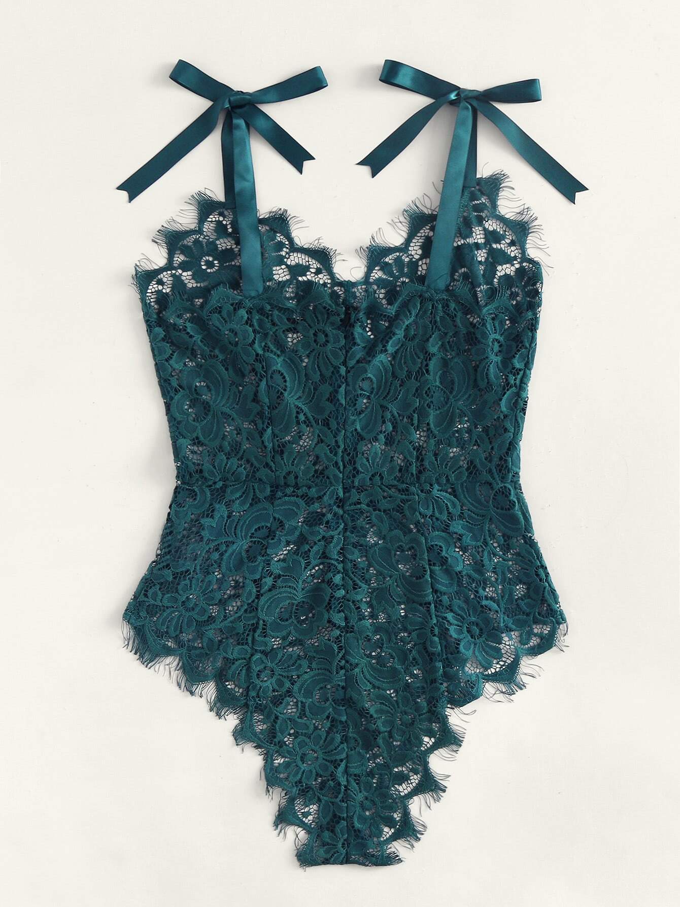 Ribbon Tie Shoulder See Though Floral Lace Bodysuit SheIn(Sheinside)