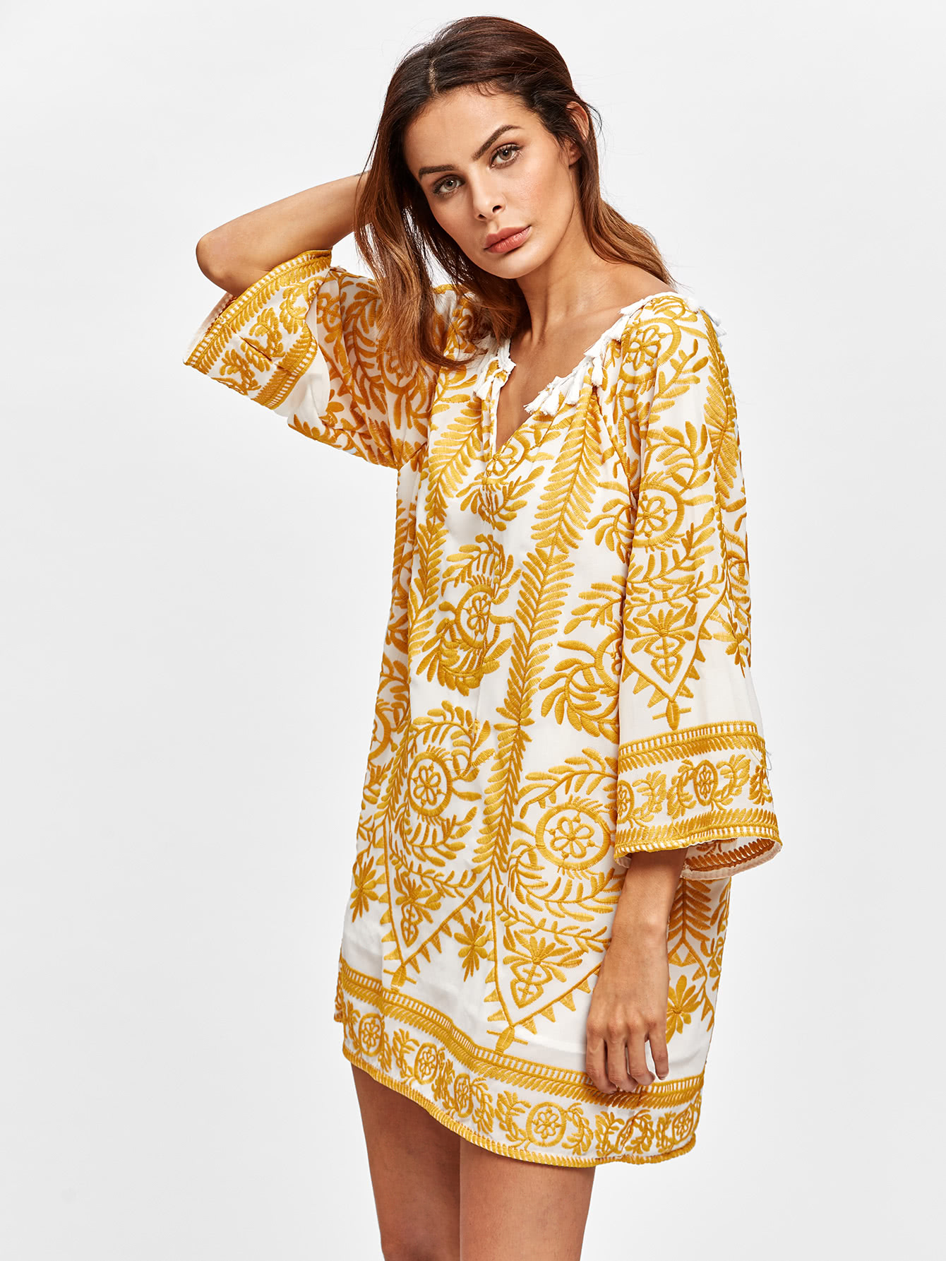 V Cut Tassel Trim Embroidered Dress SheIn(Sheinside)