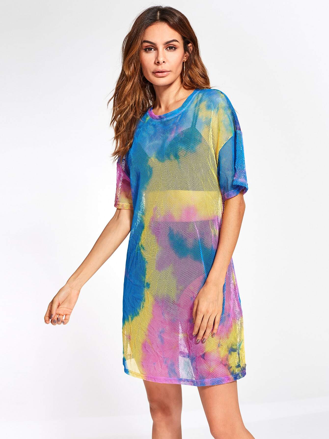 Drop Shoulder Tie Dye Cover Up Dress SheIn(Sheinside)