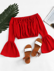 Off Shoulder Fluted Sleeve Drawstring Crop Top