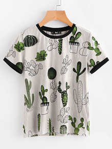 Cactus And Marble Print Ringer Tee