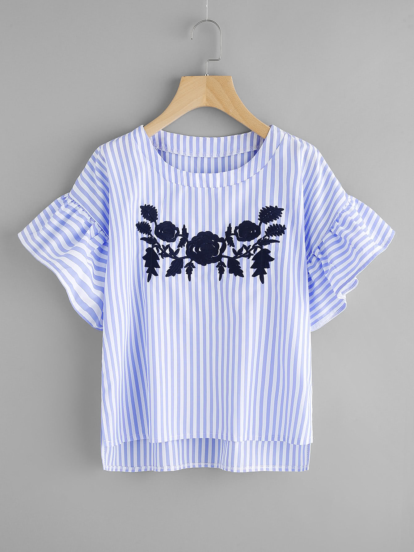 Contrast Striped Flute Sleeve Embroidery Blouse