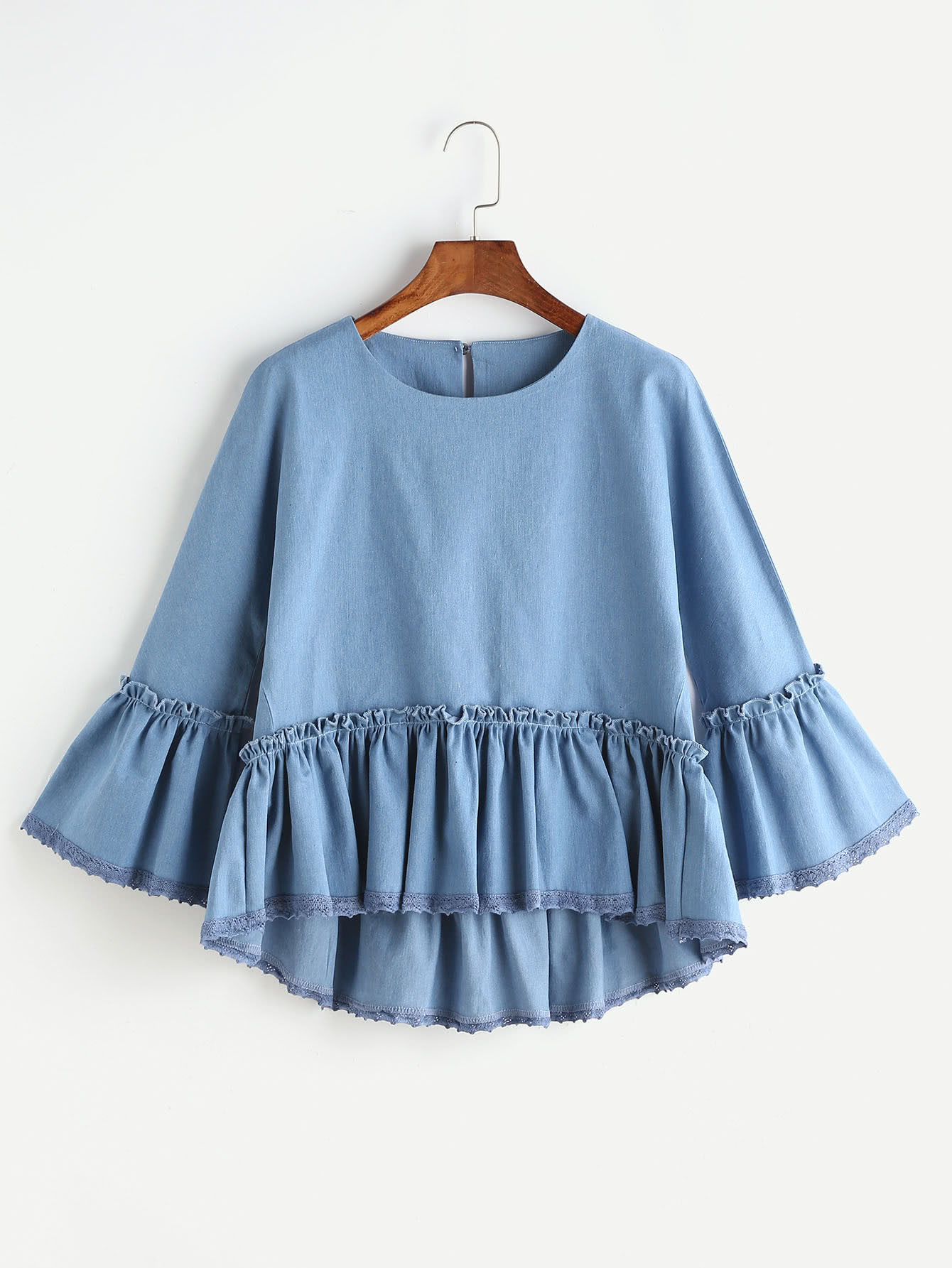 Blue Ruffle Trim Bell Sleeve High Low Denim Top