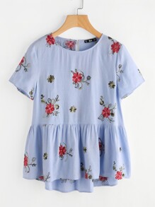 Flower Embroidered Keyhole Back Smock Top