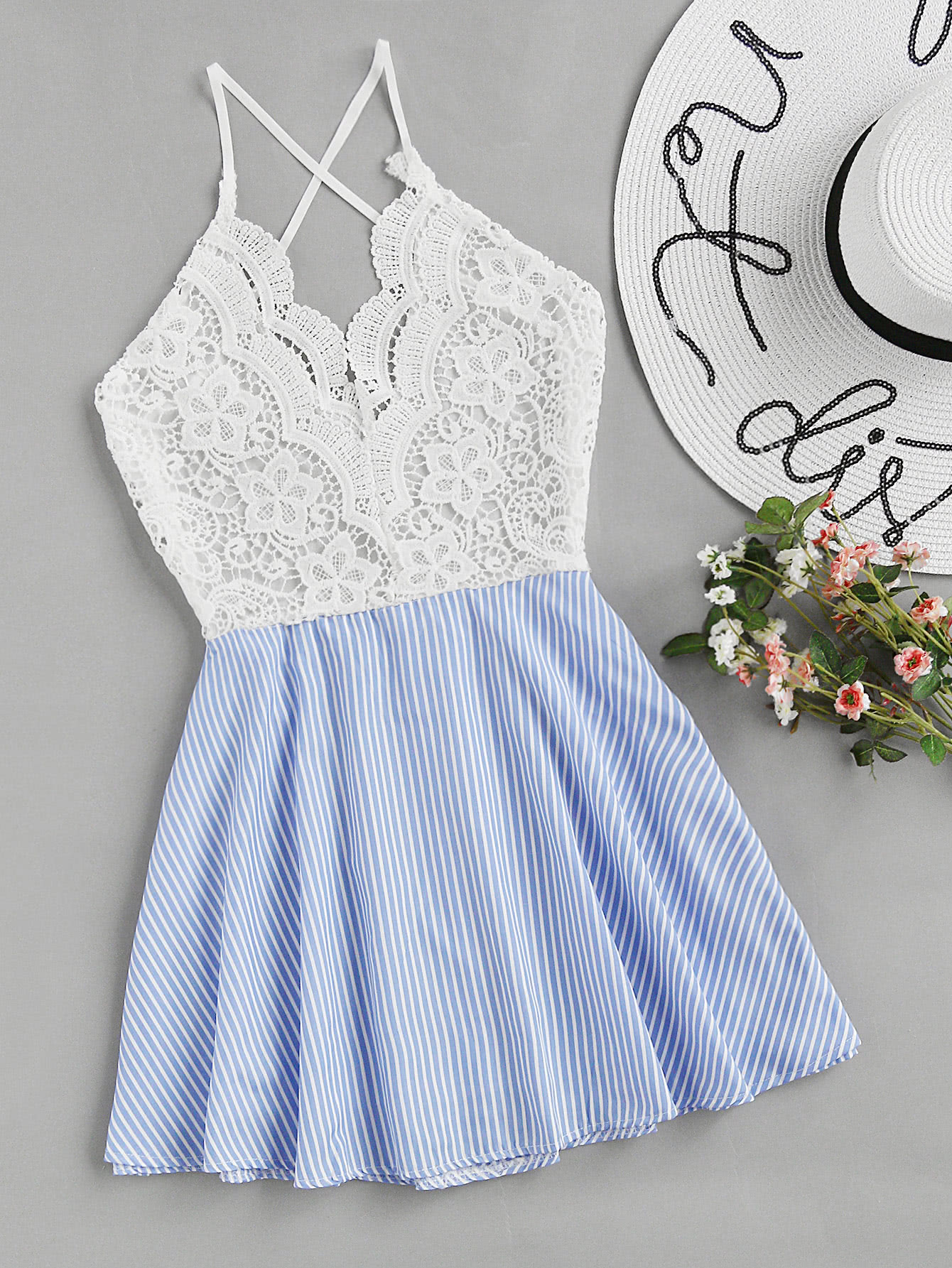 Open Back Criss Cross Striped Lace Panel Dress