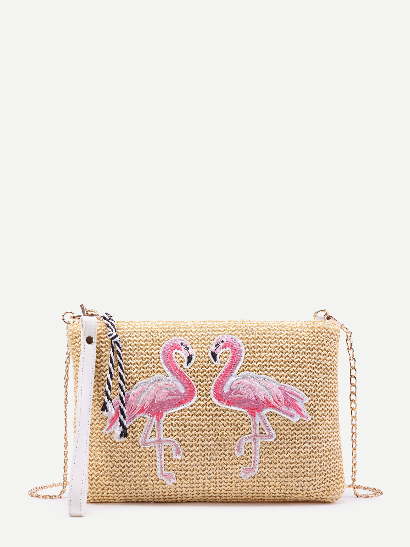 Flamingo Embroidery Straw Chain Bag SheIn(Sheinside)