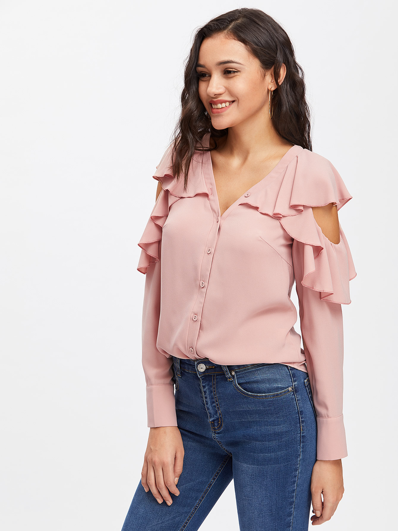 button up flounce trim cut out shoulder blouse button up flounce trim cut out shoulder blouse
