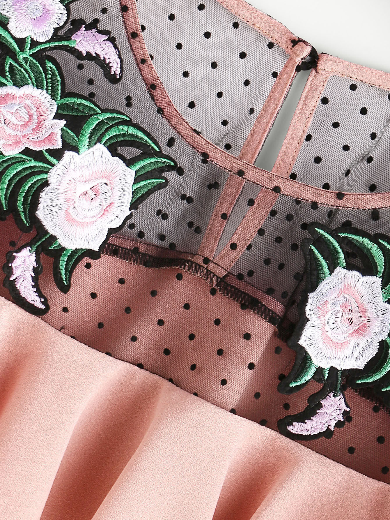 Flower Patched Dot Mesh Yoke Frill Cap Sleeve Top SheIn(Sheinside)