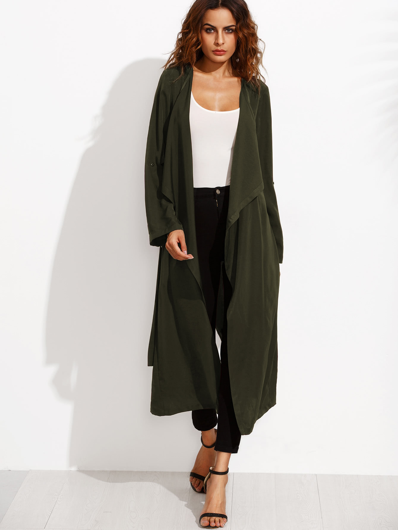 Rolled Up Sleeve Split Back Self Tie Coat SheIn(Sheinside)