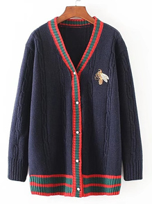 Contrast Binding Bee Embroidery Sweater Coat