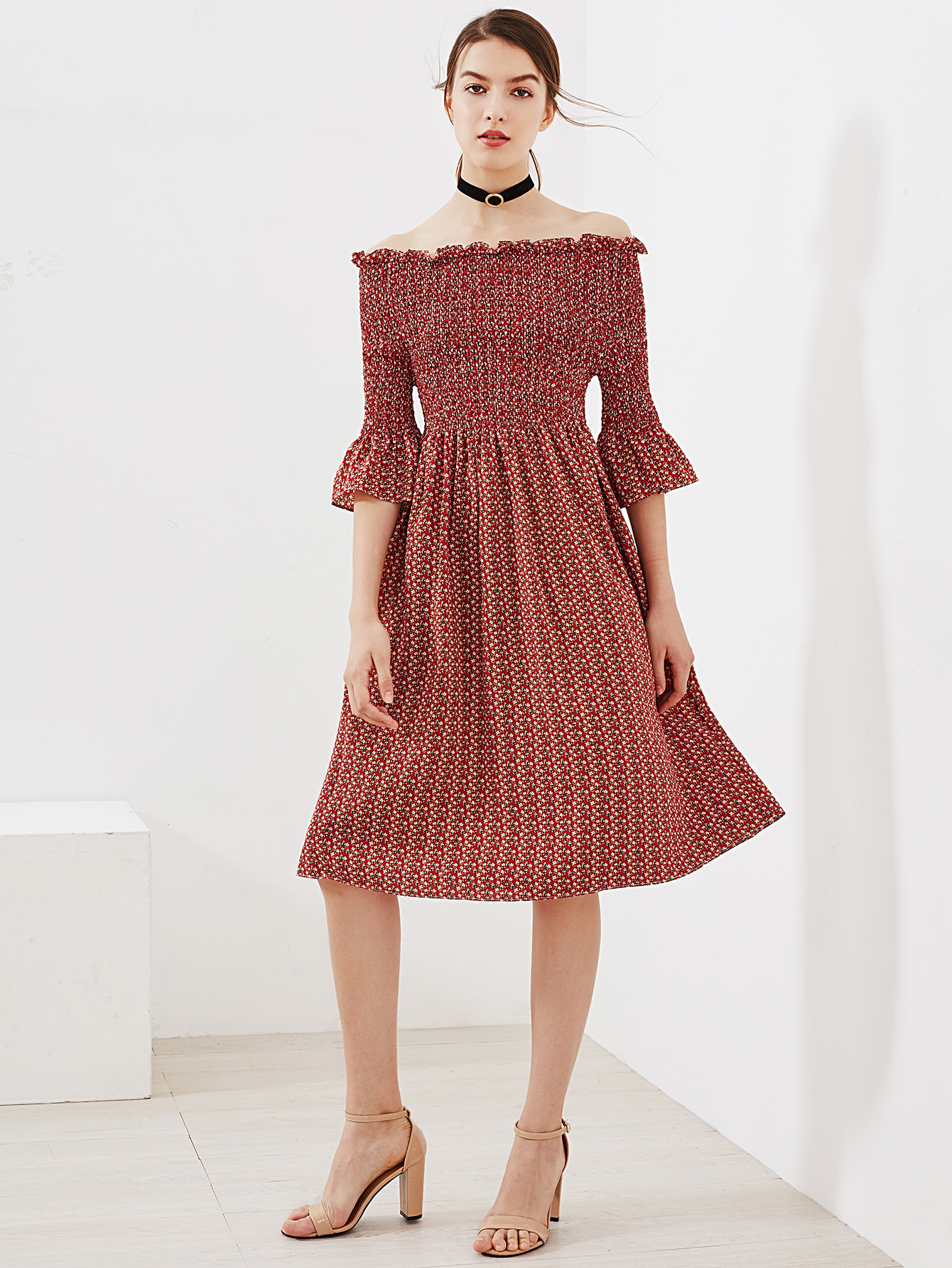 Boat Neckline Bell Sleeve Pleated Dress SheIn(Sheinside)