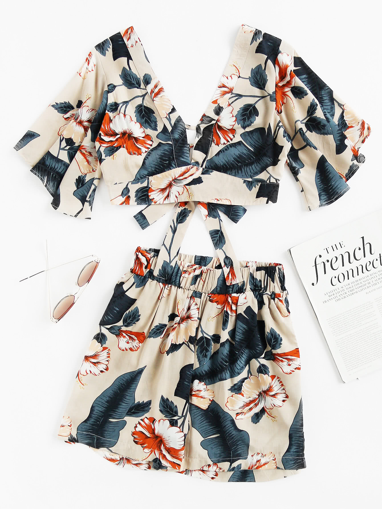 Plunging V-neckline Printed Random Knot Crop Top With Shorts camouflage v neckline cami top with shorts
