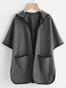 Grey Contrast Binding Open Front Hooded Poncho Coat