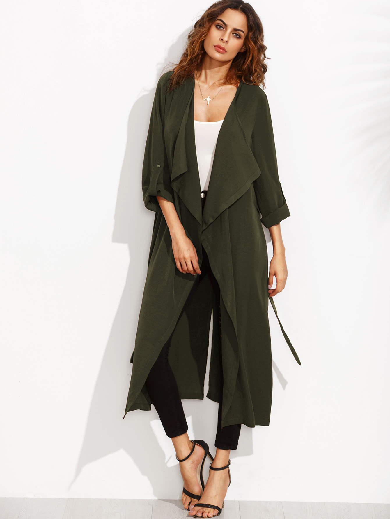 Rolled Up Sleeve Split Back Self Tie Coat SheIn(Sheinside)