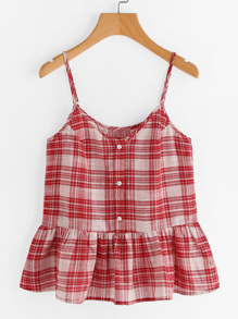 Buttoned Placket Checkered Peplum Cami Top