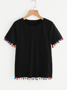 Colorful Pom Pom Trim Slub Tee