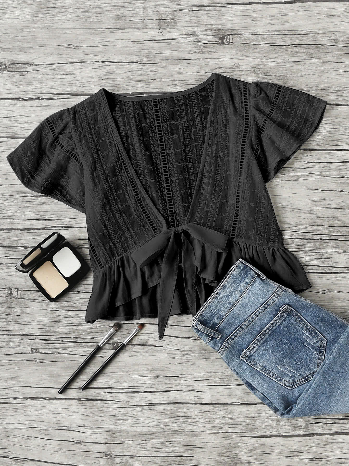 Plunging V-neckline Knot Frill Hem Dip Top