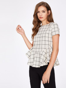 Ruffle Curve Hem Grid Blouse