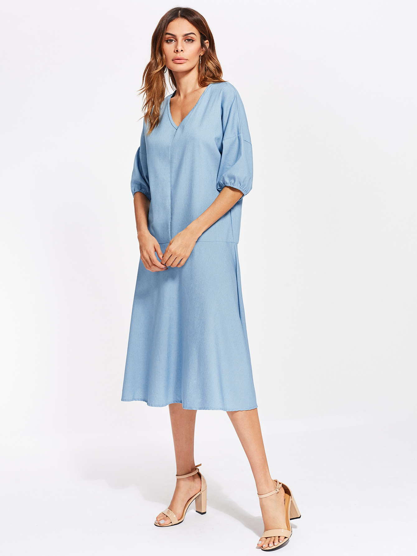 V Neckline Drop Shoulder Chambray Dress SheIn(Sheinside)