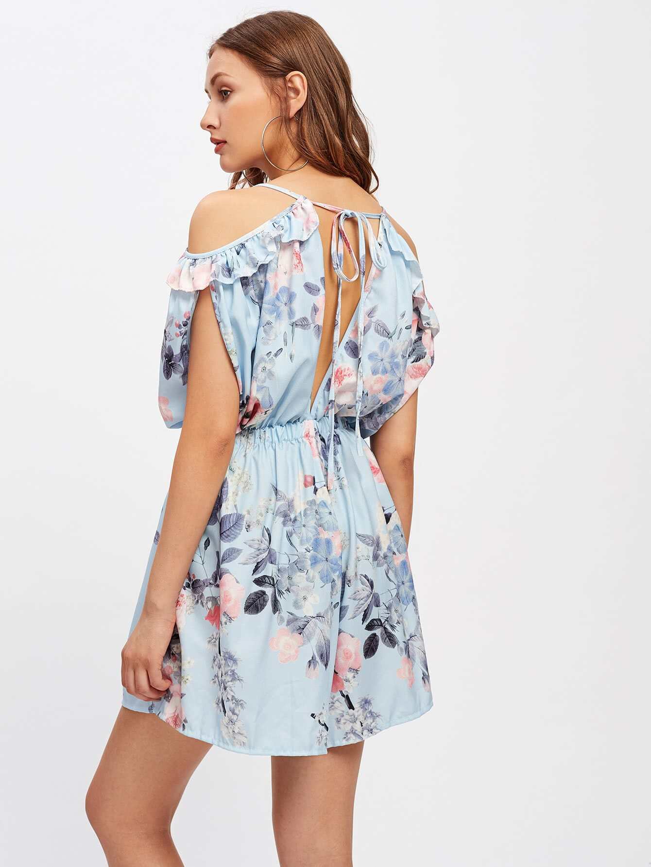 Random Florals Frill Trim Open Back Romper SheIn(Sheinside)