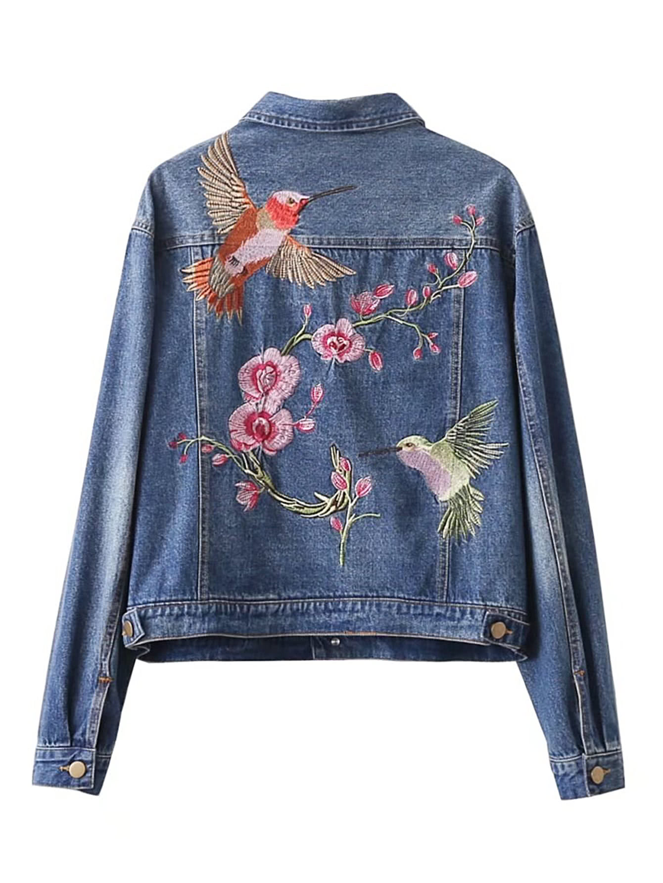 Bird And Flower Embroidery Back Denim Jacket SheIn(Sheinside)