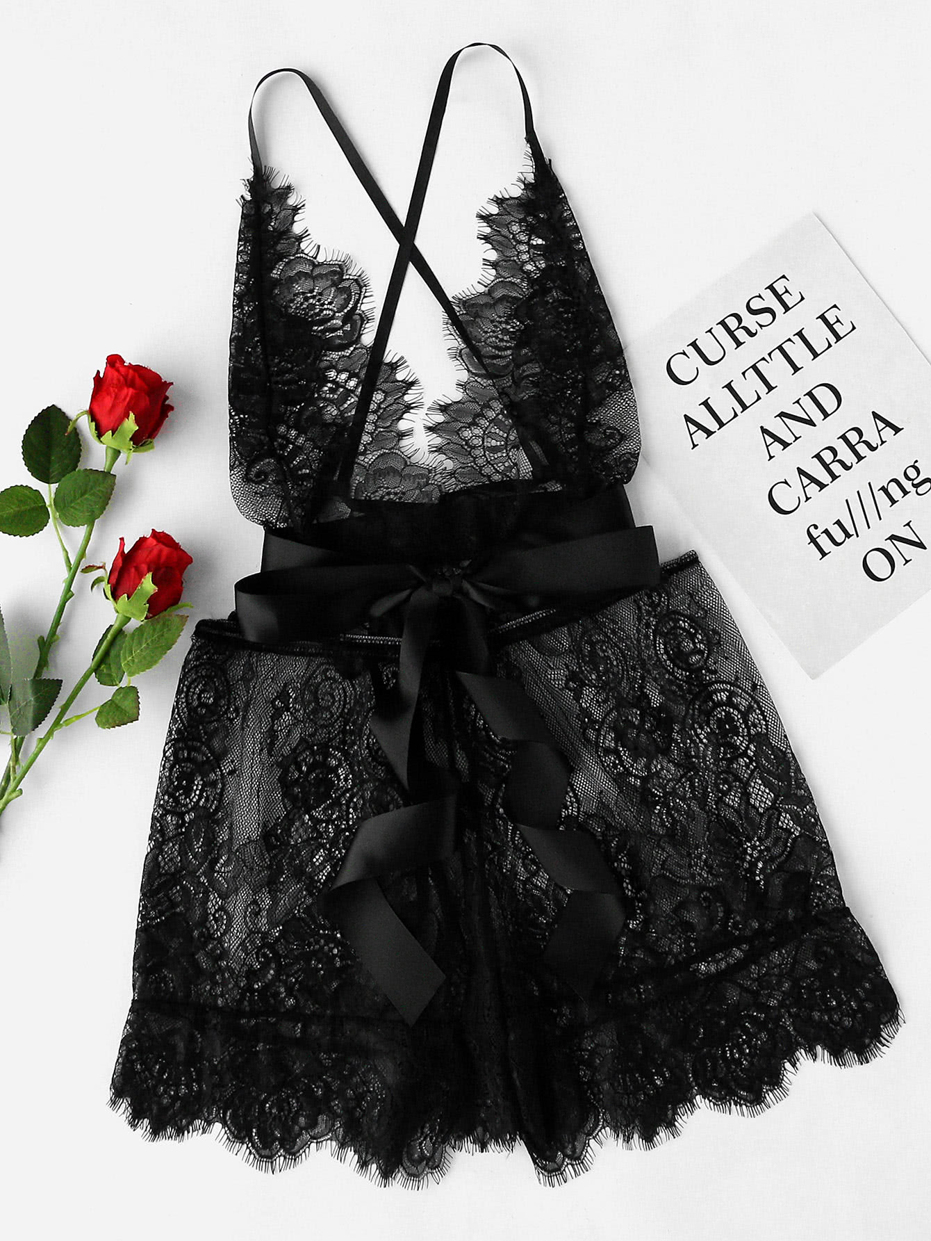 See-Through Floral Eyelash Lace Romper With Ribbon