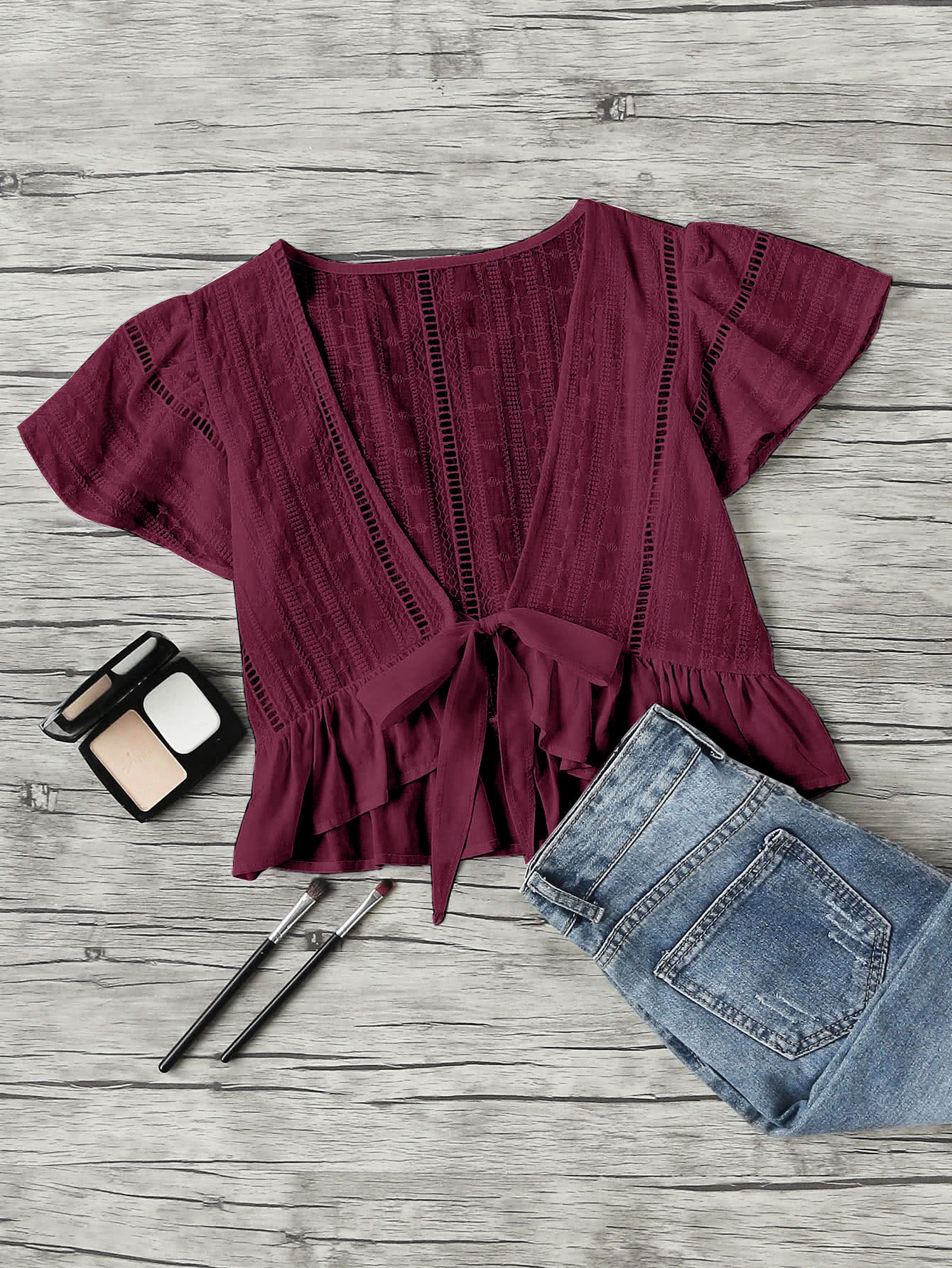 Plunging V-neckline Knot Frill Hem Dip Top