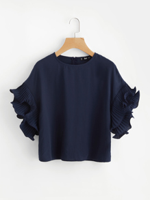 Layered Pleated Lettuce Hem Ruffle Sleeve Top